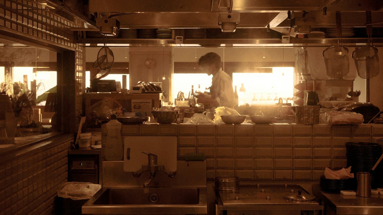 Commercial kitchen in warm afternoon light