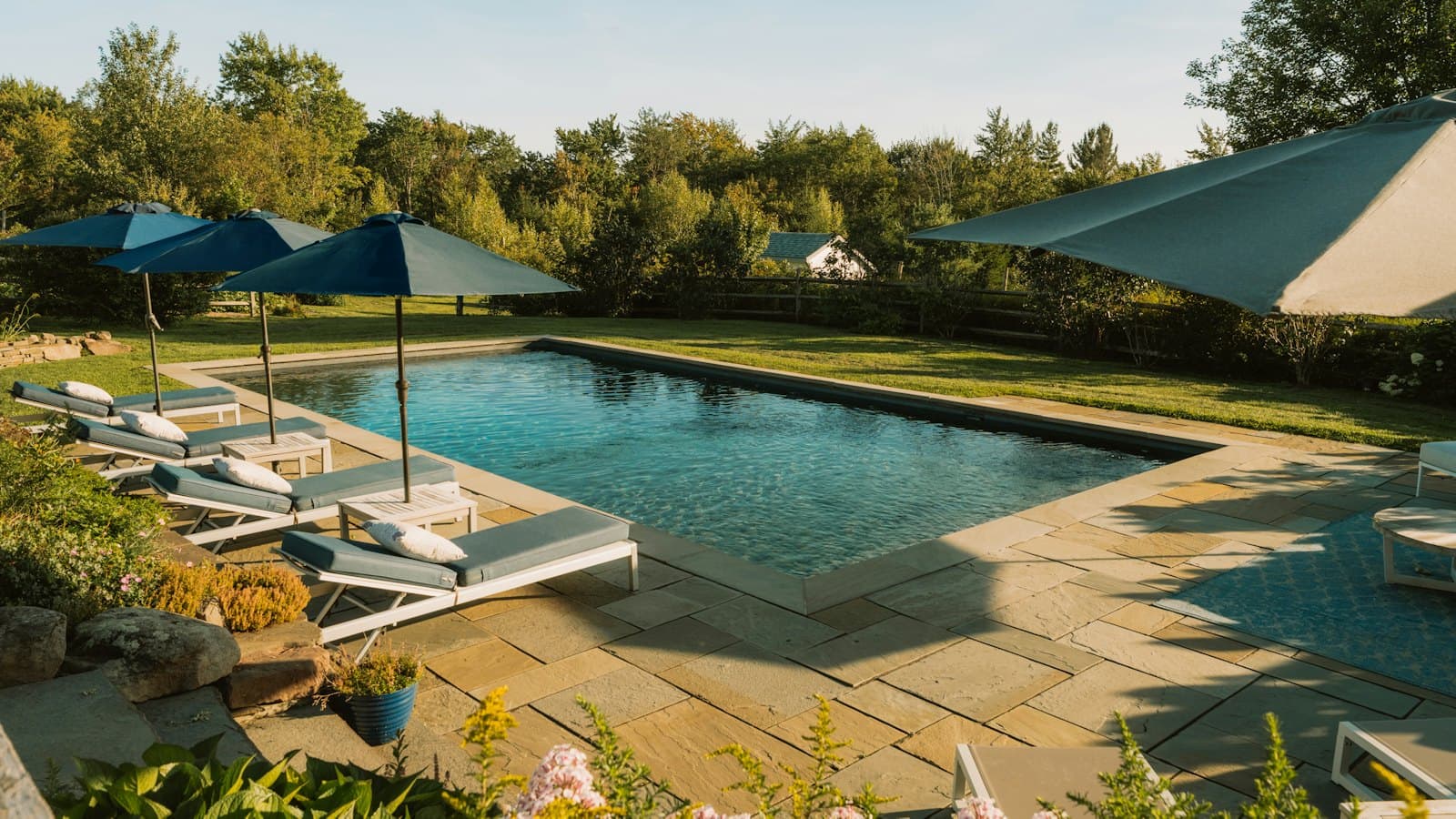 Backyard pool and stone patio in summer
